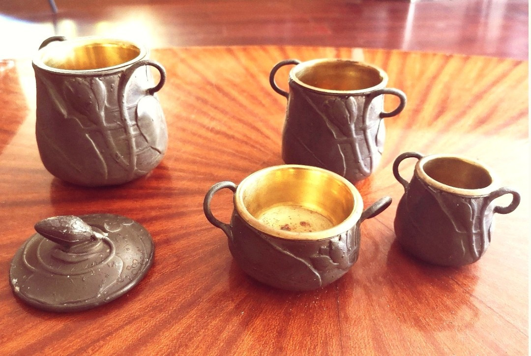 Art Nouveau Perfume Set In Pewter And Brass, With Water Lilies, Signed E. Frères-photo-2