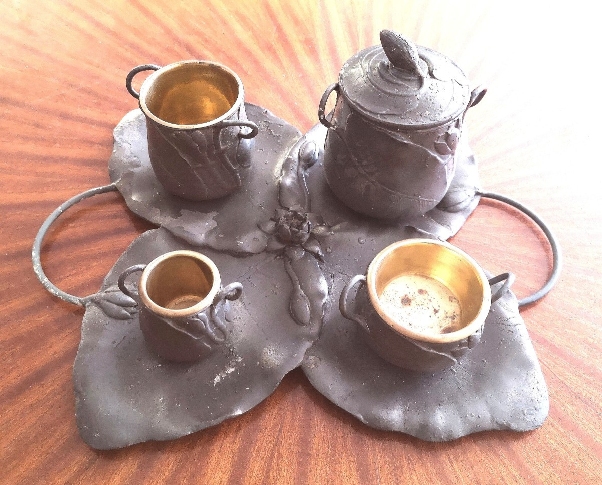 Art Nouveau Pewter Smoking Service Water Lily Decor Signed E Frères