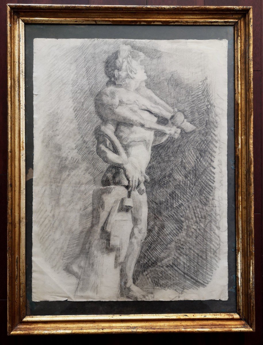 Académie Dessin Nu Hermès Criophore  Ou Kriophoros Sur Papier Vergé