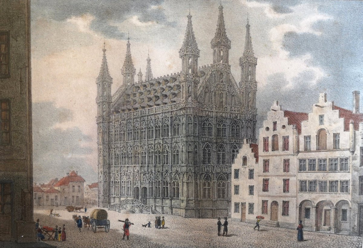 19th Century Lithograph Of The Louvain Town Hall, Watercolored By Madou, De Howen, And Jobard, 1830-photo-1
