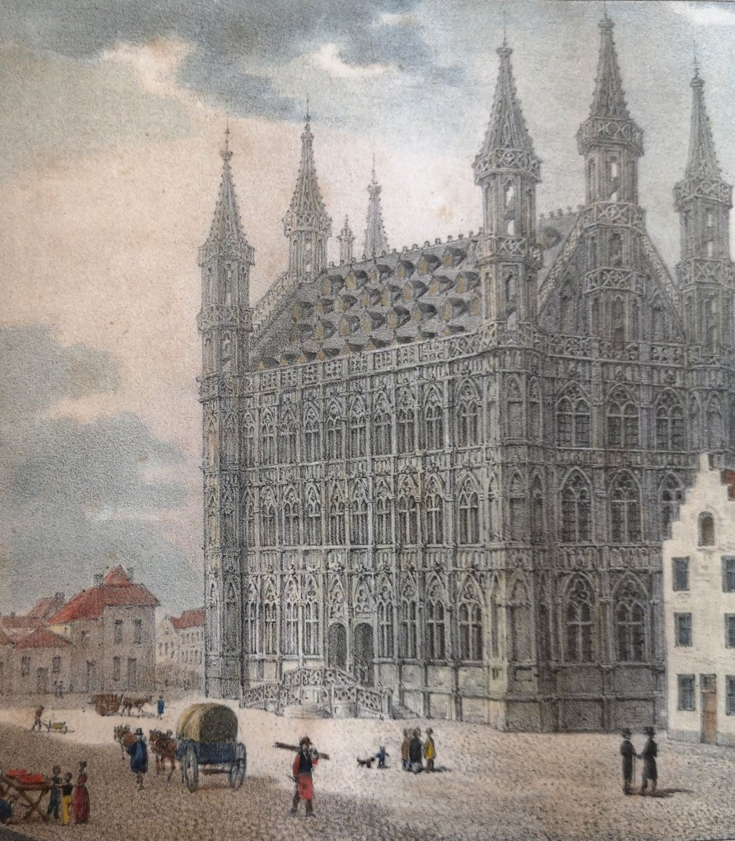19th Century Lithograph Of The Louvain Town Hall, Watercolored By Madou, De Howen, And Jobard, 1830-photo-2