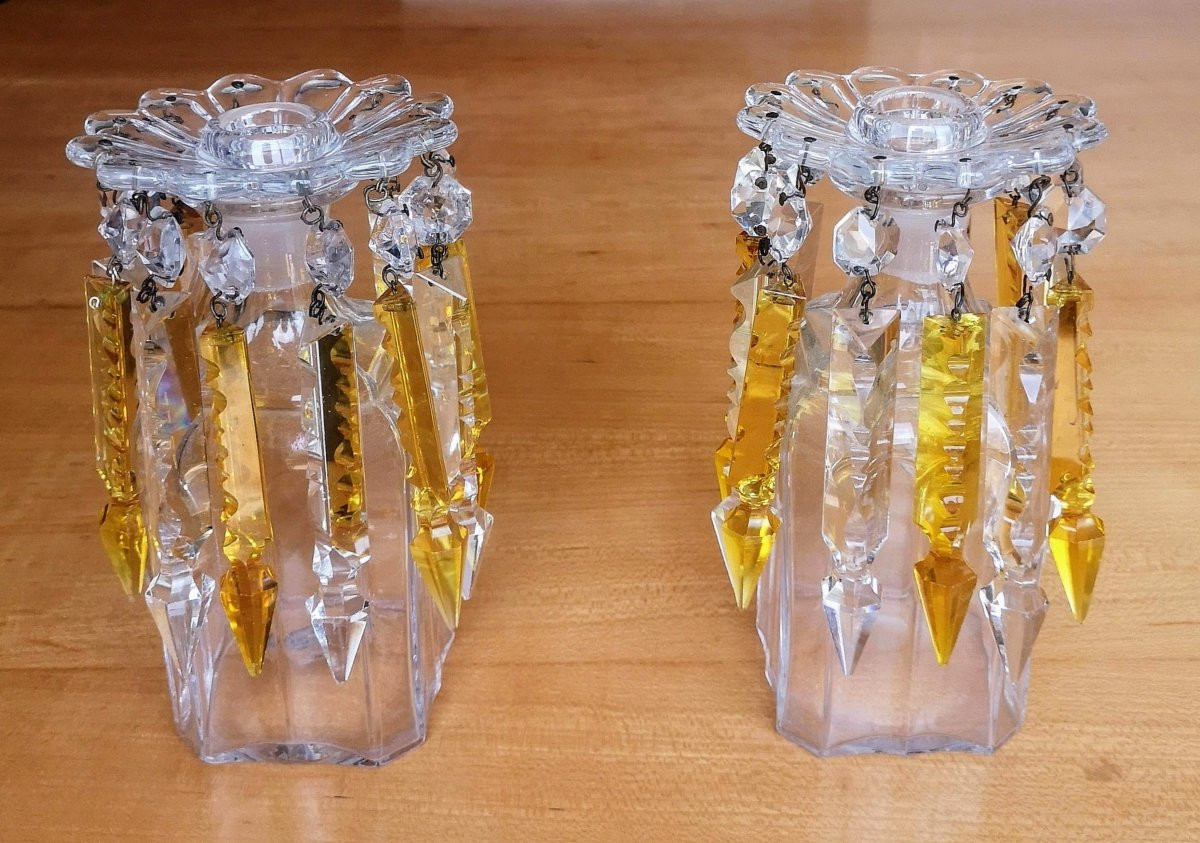 2 Coupelles Avec 11 Pampilles Sabre Cristal Baccarat Bicolore Fin XIX° Ht 15 Cm-photo-7