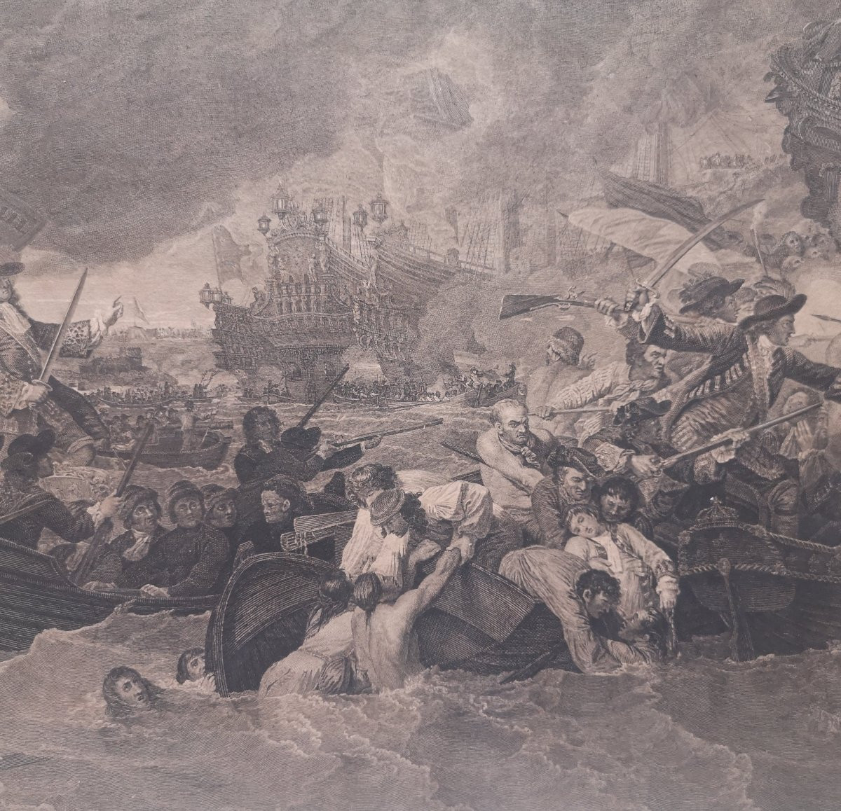 Late 18th Century Engraving The Battle At La Hogue After Benjamin West Engraved Woollett 1788-photo-7