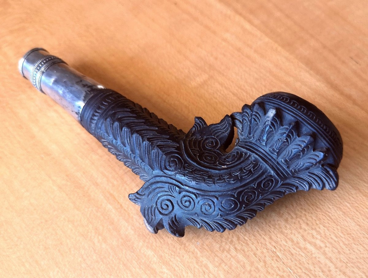 Pipe à tabac ancienne (Laos, XVIIIe ou XIXe siècle) corne et argent 11 cm 68 gr-photo-4