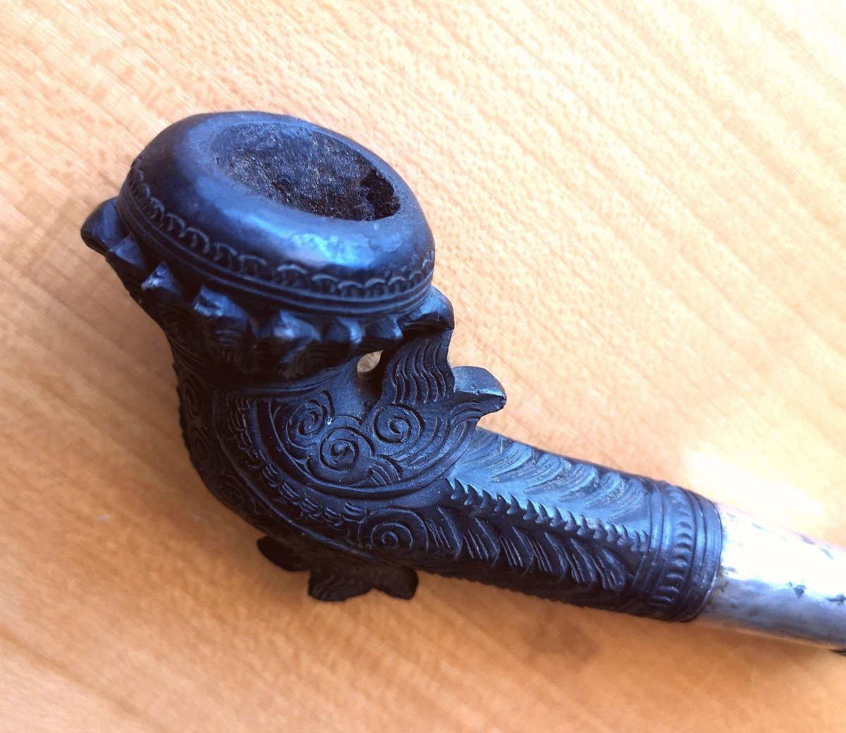 Pipe à tabac ancienne (Laos, XVIIIe ou XIXe siècle) corne et argent 11 cm 68 gr-photo-8