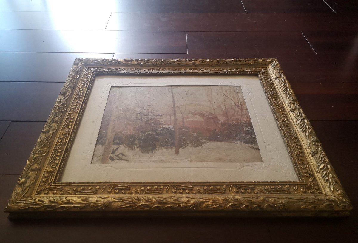 Oil On Cardboard French School Late 19th Century Snowy Garden 45 X 51 Including Frame-photo-2