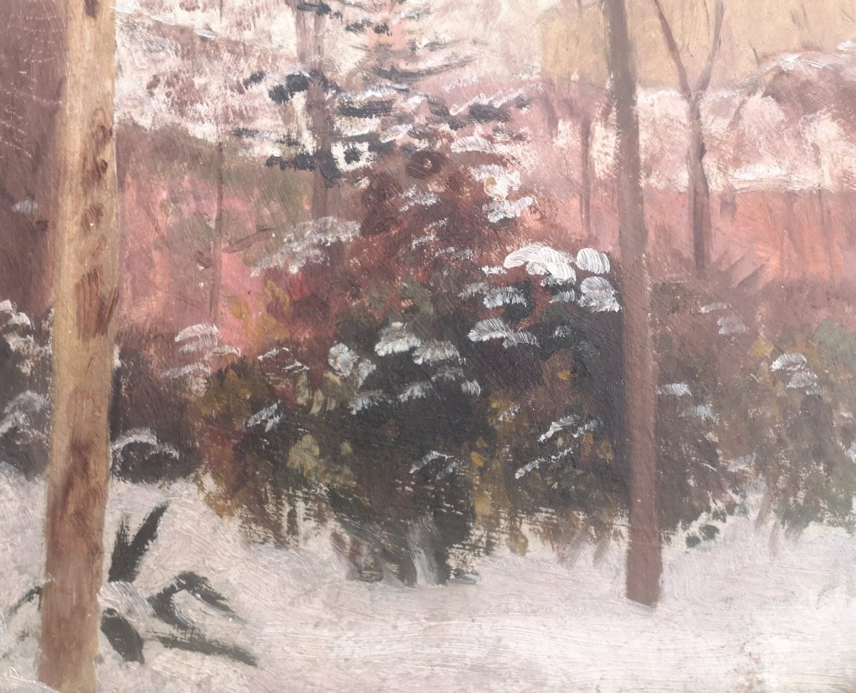 Oil On Cardboard French School Late 19th Century Snowy Garden 45 X 51 Including Frame-photo-2