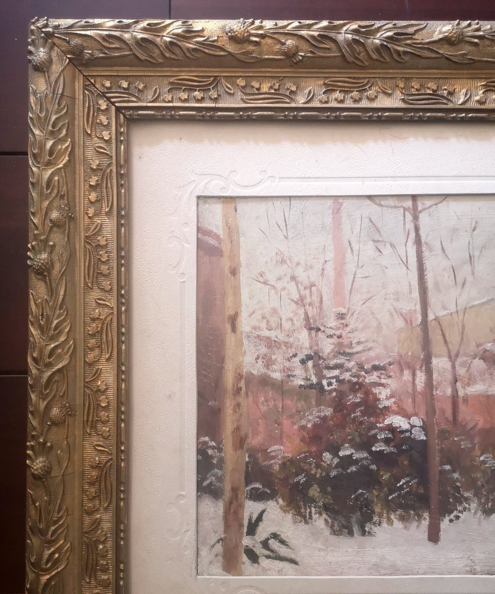Oil On Cardboard French School Late 19th Century Snowy Garden 45 X 51 Including Frame-photo-3