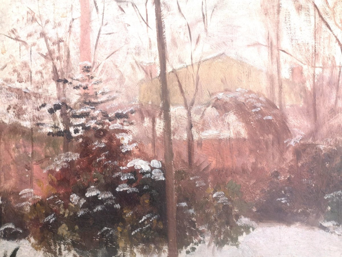 Oil On Cardboard French School Late 19th Century Snowy Garden 45 X 51 Including Frame-photo-7