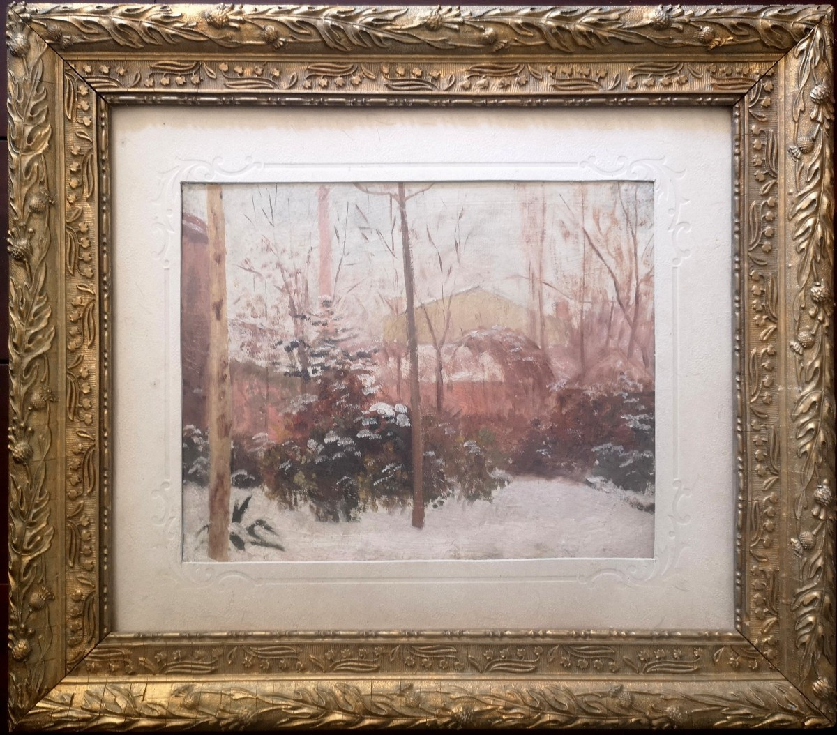 Oil On Cardboard French School Late 19th Century Snowy Garden 45 X 51 Including Frame
