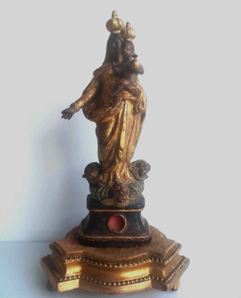 Santibelli provençal - Vierge à l'enfant sur nuée et angelots - Terre cuite polychrome 18ème -photo-3