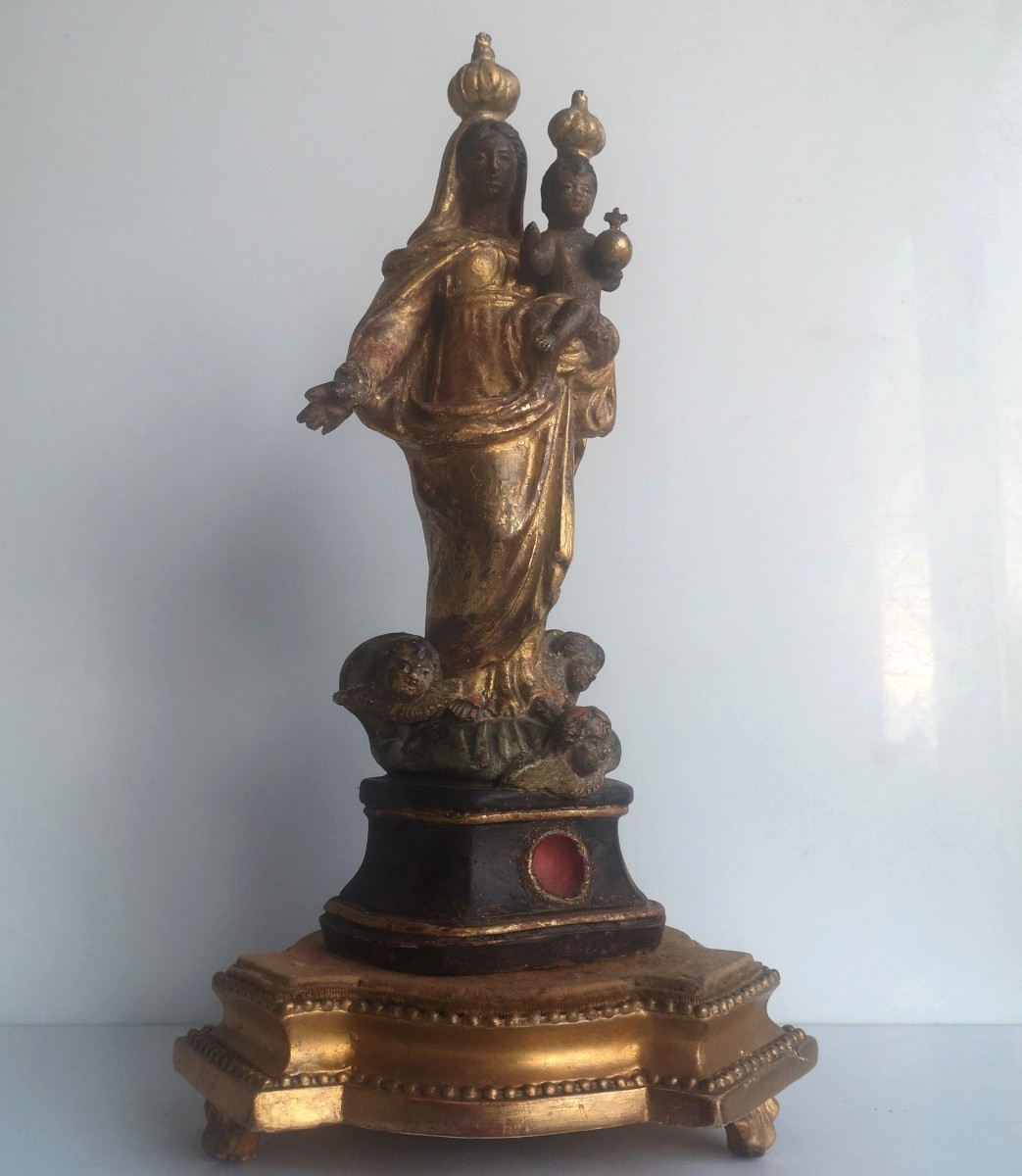 Santibelli provençal - Vierge à l'enfant sur nuée et angelots - Terre cuite polychrome 18ème 