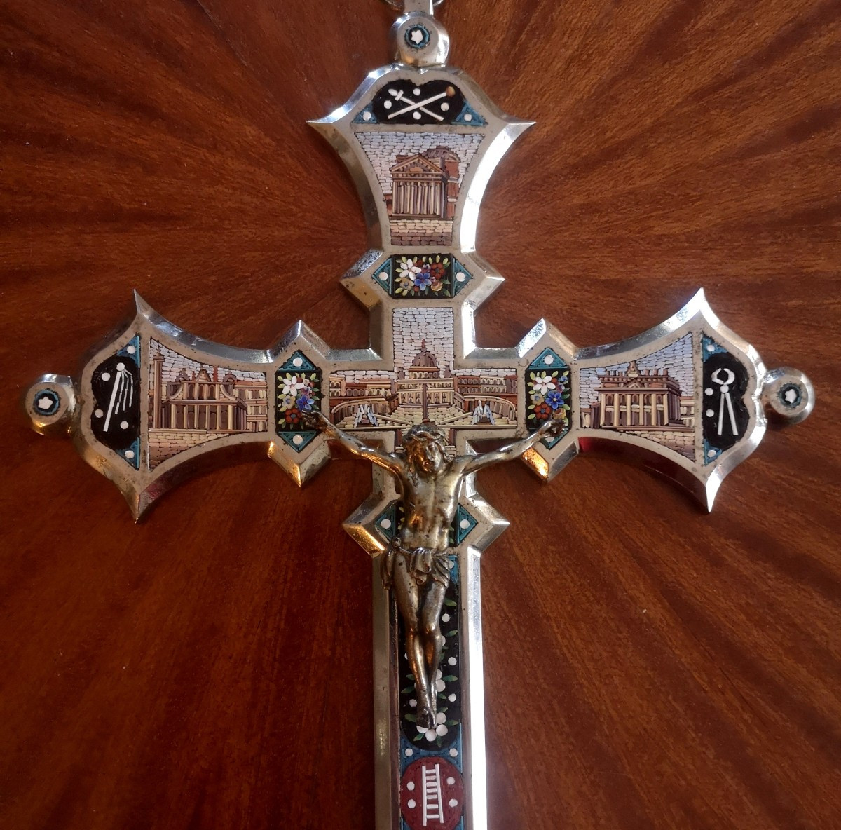 Silvered Bronze Crucifix With Micromosaics – Rome, Late 19th Century -photo-2