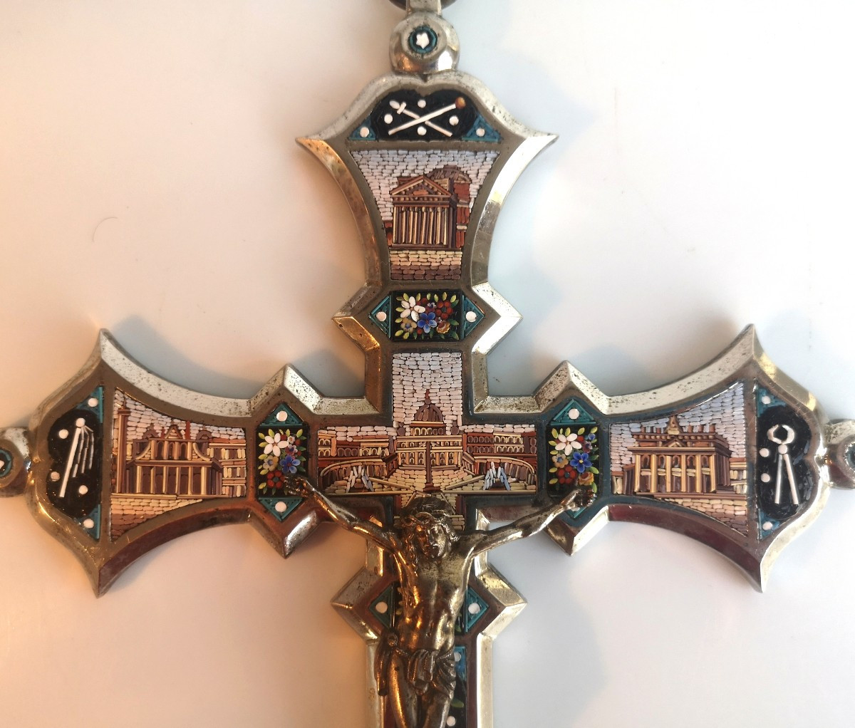 Silvered Bronze Crucifix With Micromosaics – Rome, Late 19th Century -photo-3