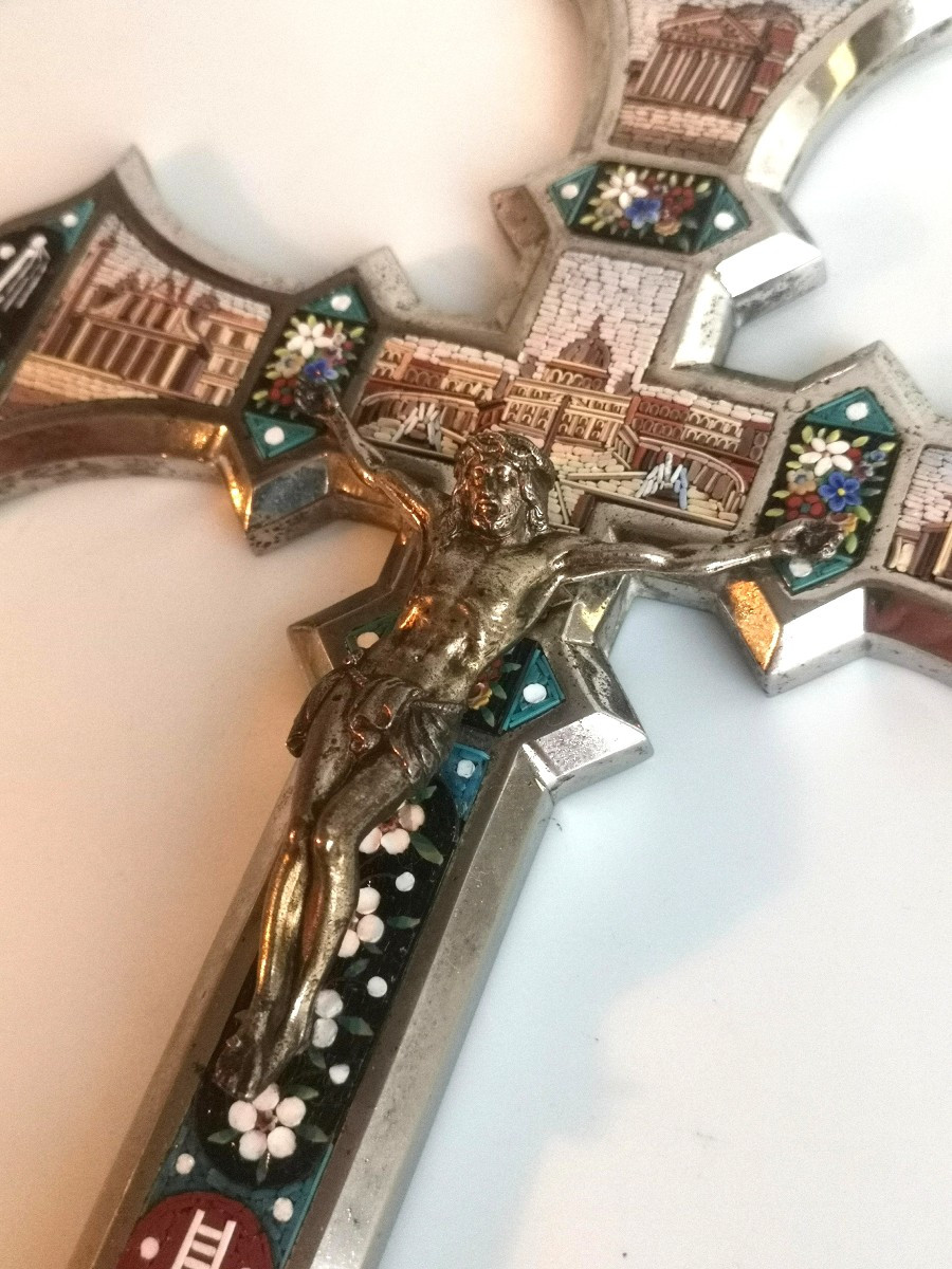 Silvered Bronze Crucifix With Micromosaics – Rome, Late 19th Century -photo-4