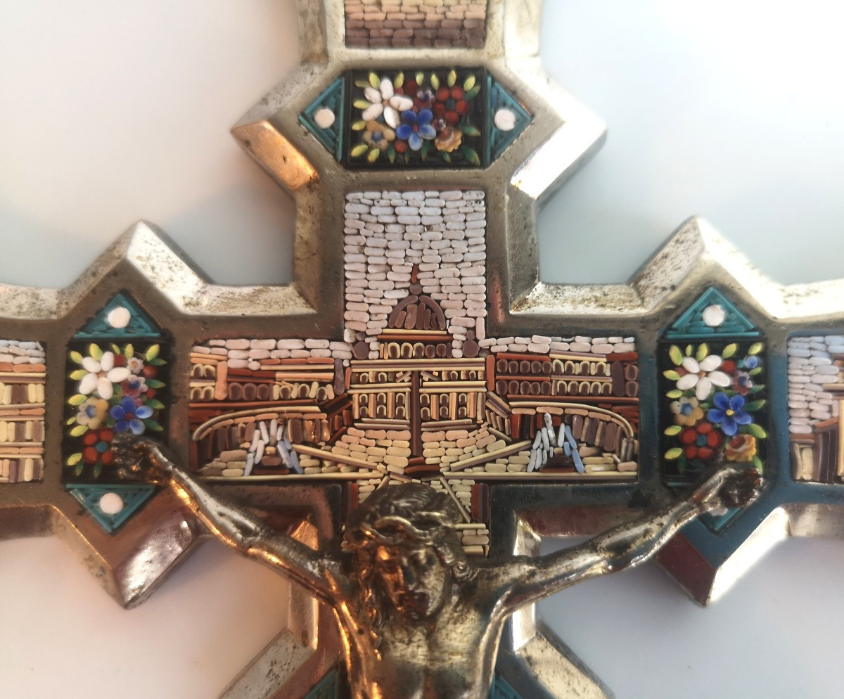 Silvered Bronze Crucifix With Micromosaics – Rome, Late 19th Century -photo-3