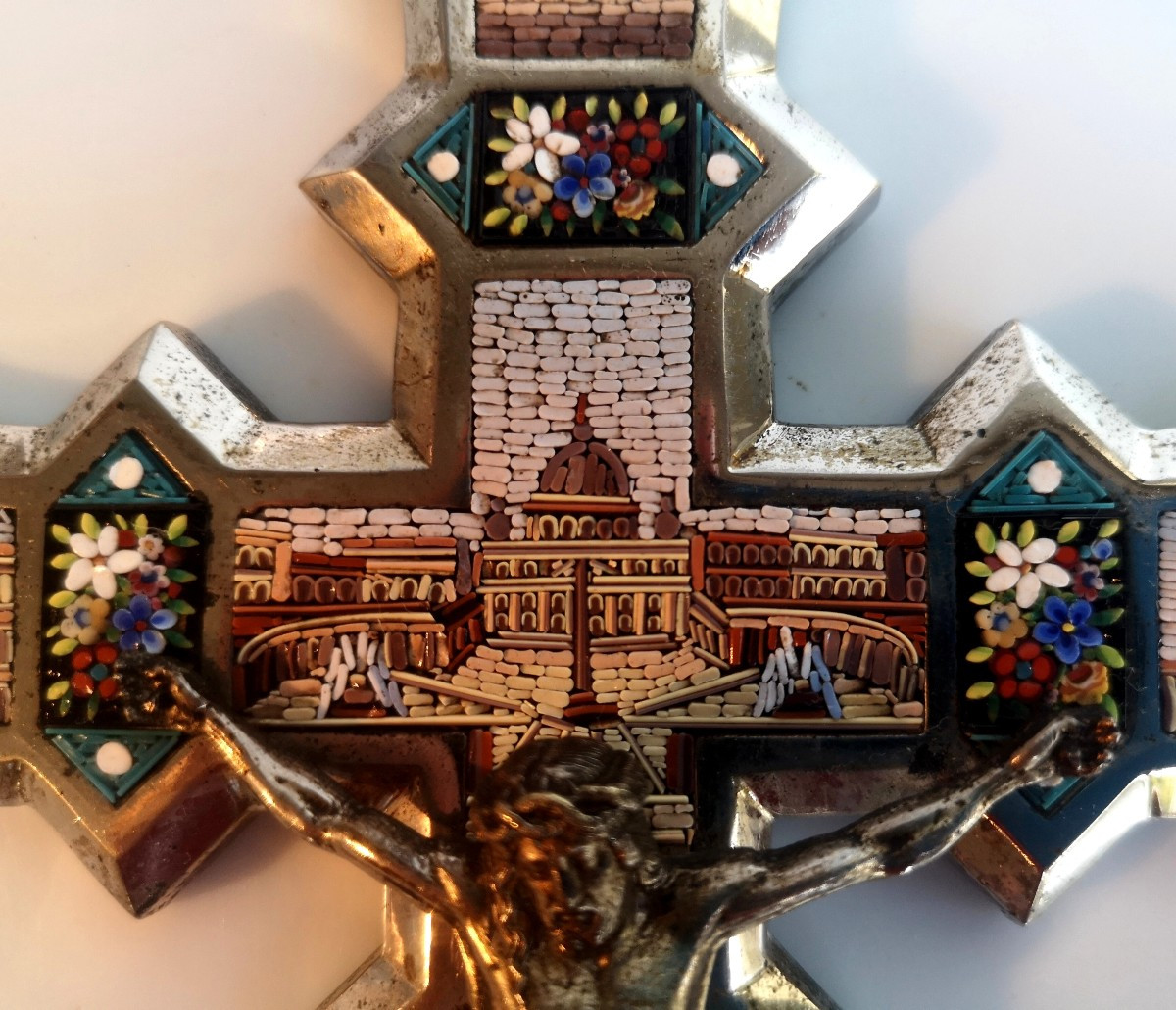 Silvered Bronze Crucifix With Micromosaics – Rome, Late 19th Century -photo-7