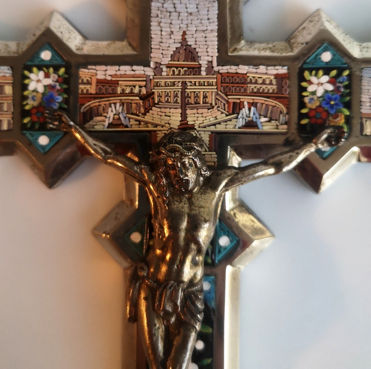 Silvered Bronze Crucifix With Micromosaics – Rome, Late 19th Century -photo-8