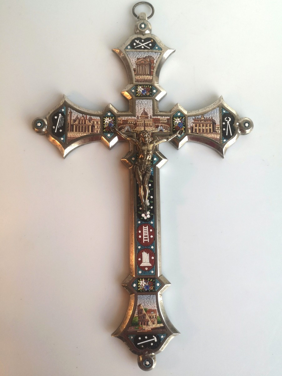 Silvered Bronze Crucifix With Micromosaics – Rome, Late 19th Century 