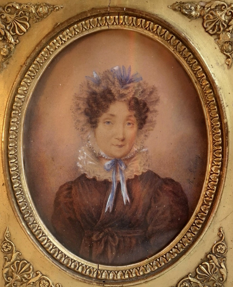 Portrait Of An Aristocrat – Gouache On Paper, 1830 – Signed A. Lamy – Frame With Palmettes-photo-3