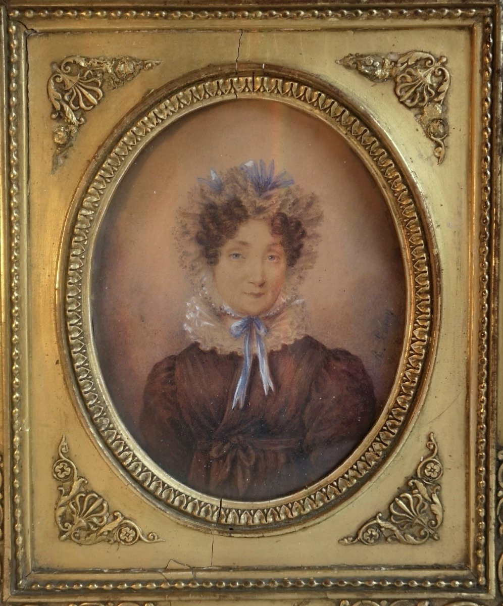 Portrait Of An Aristocrat – Gouache On Paper, 1830 – Signed A. Lamy – Frame With Palmettes-photo-2