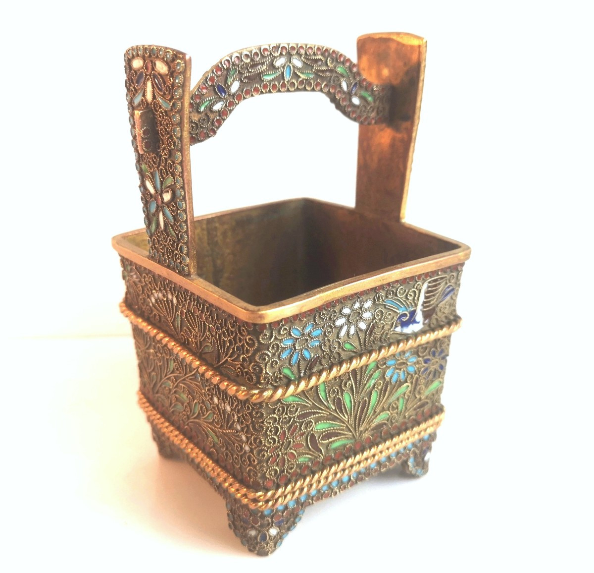 Russian Gilt Copper Kovsh, Cloisonné Enamels On Filigree — Late 19th Century, Decorated With Birds And Butterflies-photo-2