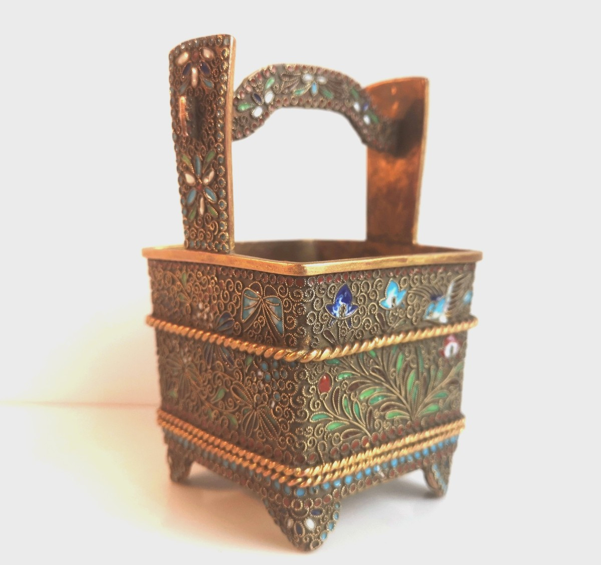Russian Gilt Copper Kovsh, Cloisonné Enamels On Filigree — Late 19th Century, Decorated With Birds And Butterflies-photo-3