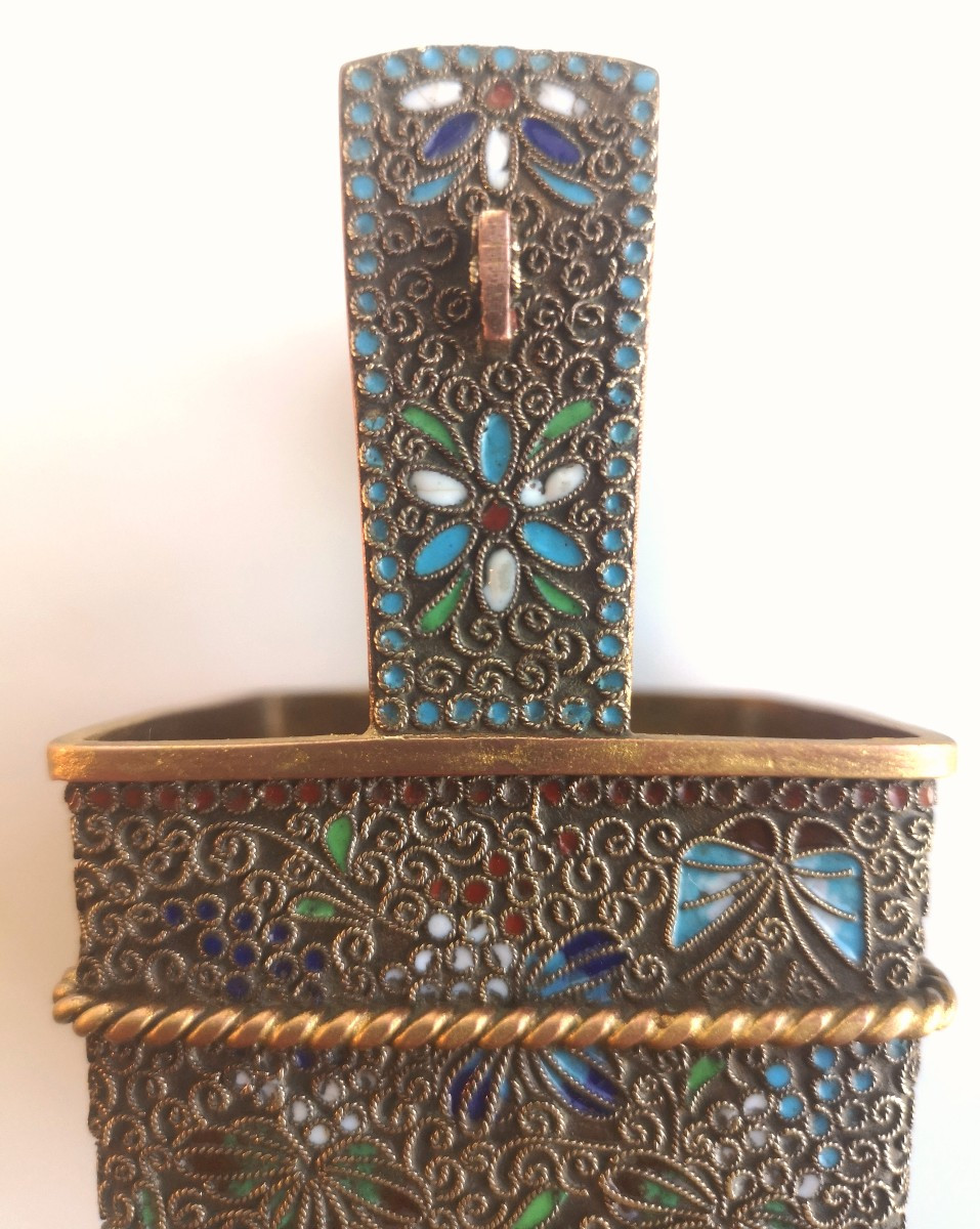 Russian Gilt Copper Kovsh, Cloisonné Enamels On Filigree — Late 19th Century, Decorated With Birds And Butterflies-photo-4