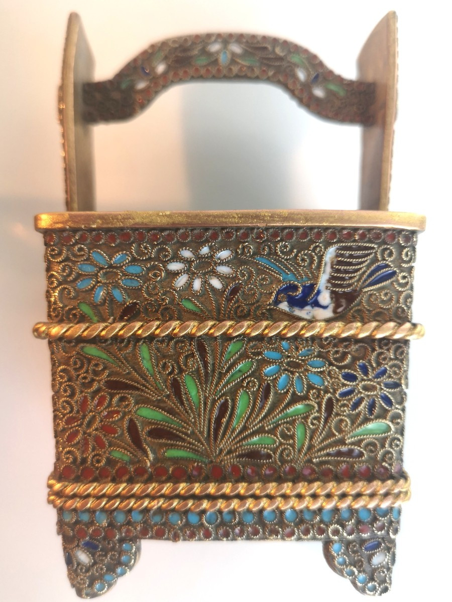 Russian Gilt Copper Kovsh, Cloisonné Enamels On Filigree — Late 19th Century, Decorated With Birds And Butterflies