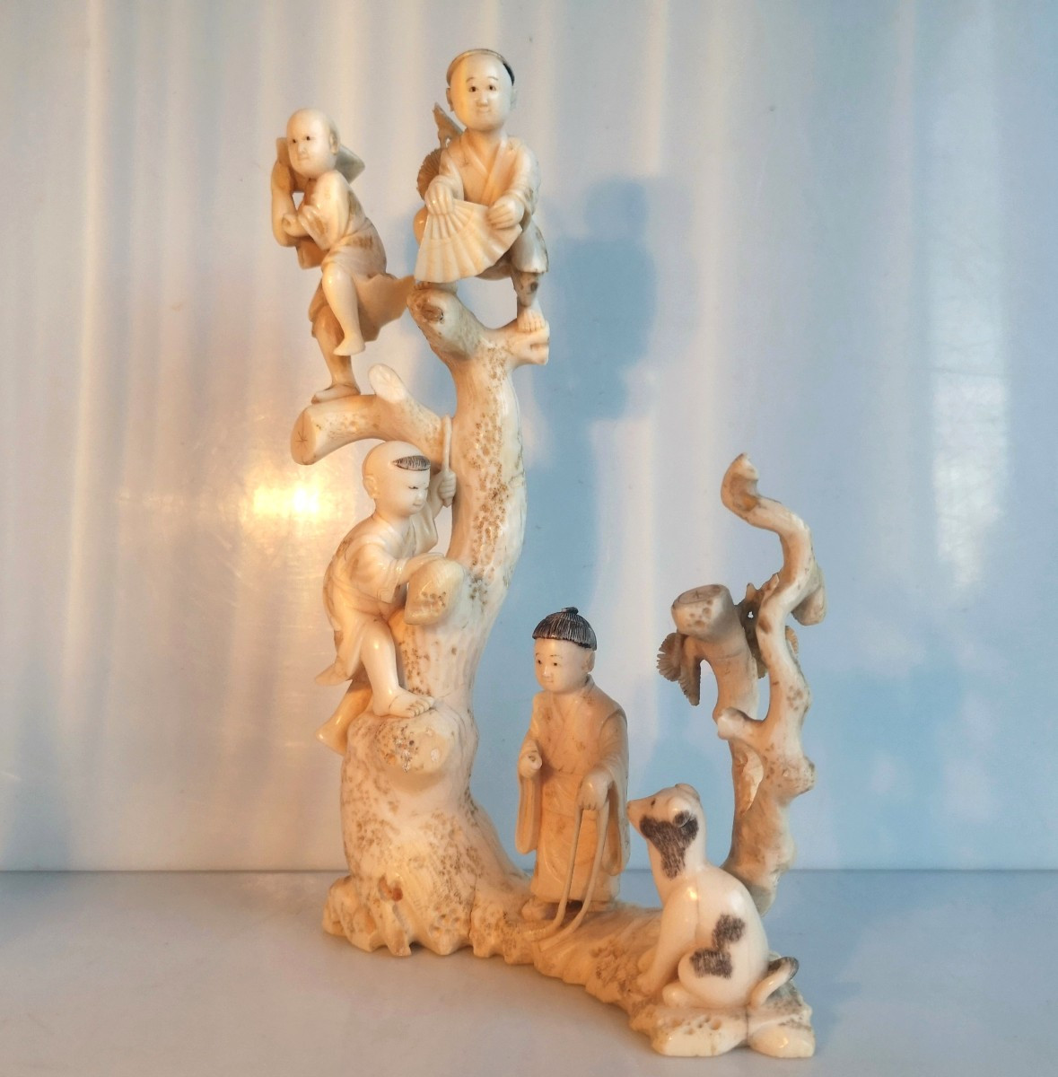 Japan, Meiji Period - Signed Carved Ivory Okimono - Karako Children Playing In A Tree-photo-3