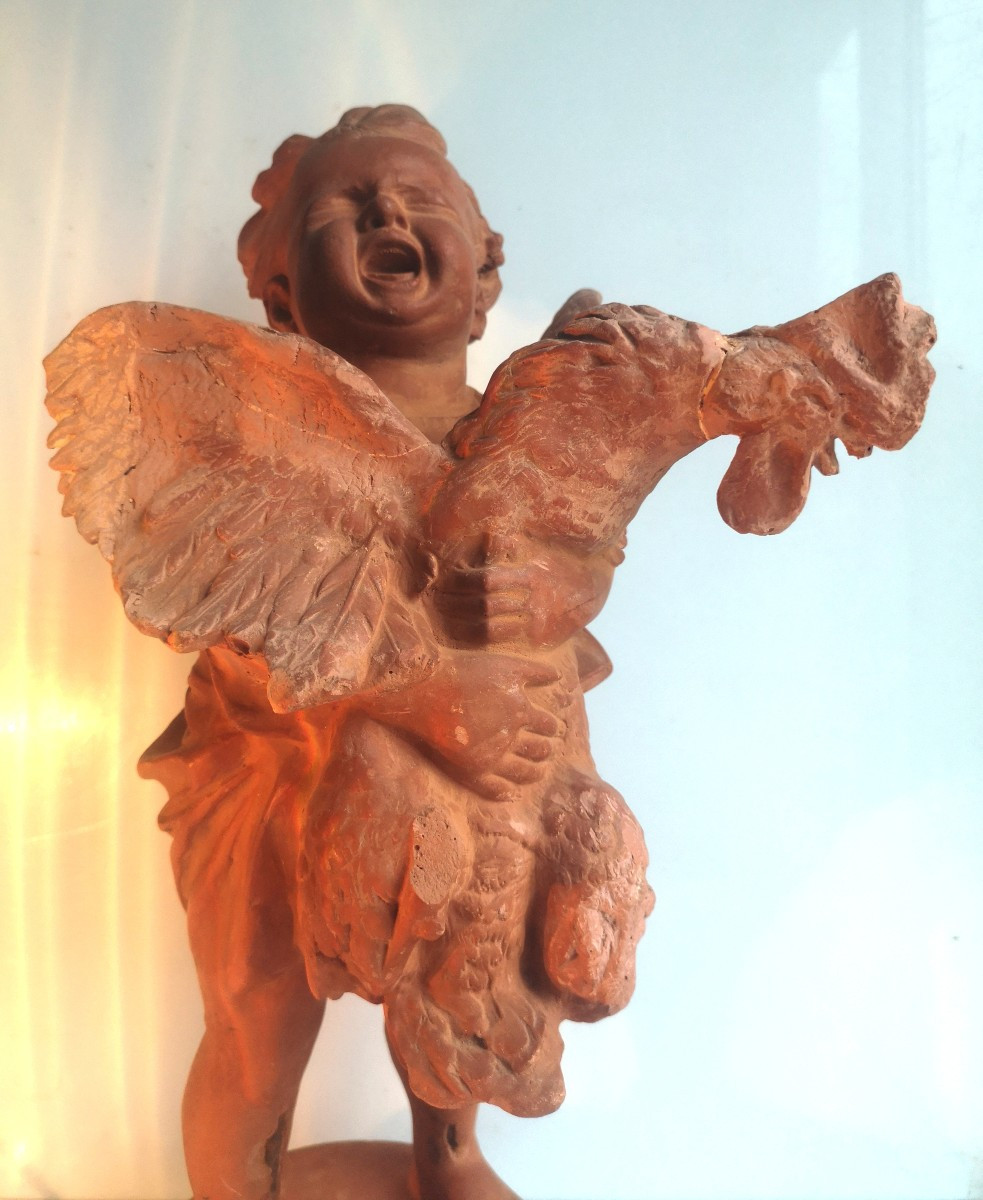 Adriano Cecioni 1836–1886 - L'enfant au coq - Modèle autographe en terre crue patinée. Signé-photo-1