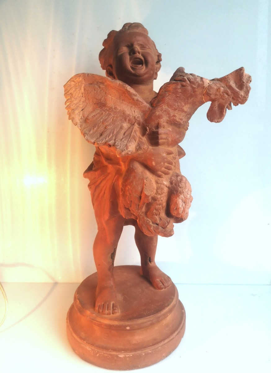Adriano Cecioni 1836–1886 - L'enfant au coq - Modèle autographe en terre crue patinée. Signé