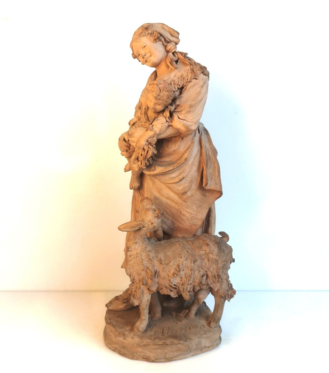 Original Terracotta Group Signed G. Vaccaro (caltagirone, 1793–1889) – Mother And Child -photo-1