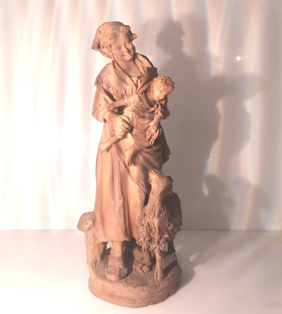 Original Terracotta Group Signed G. Vaccaro (caltagirone, 1793–1889) – Mother And Child 