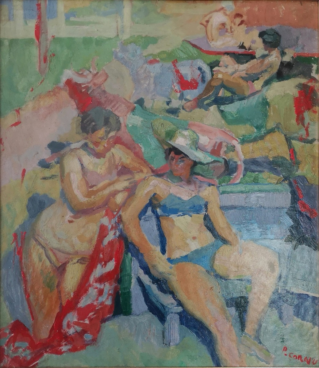 Pierre Cornu - Fauvism - Sunbathing At Sables-d'or - Oil On Cardboard ~ 1955 -photo-2