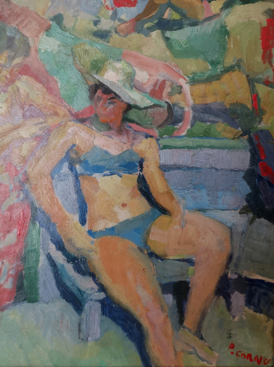Pierre Cornu - Fauvism - Sunbathing At Sables-d'or - Oil On Cardboard ~ 1955 -photo-2
