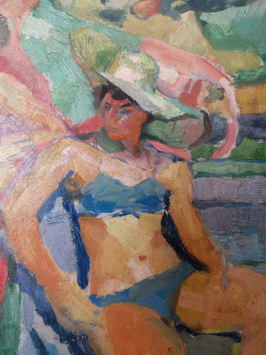 Pierre Cornu - Fauvism - Sunbathing At Sables-d'or - Oil On Cardboard ~ 1955 -photo-3