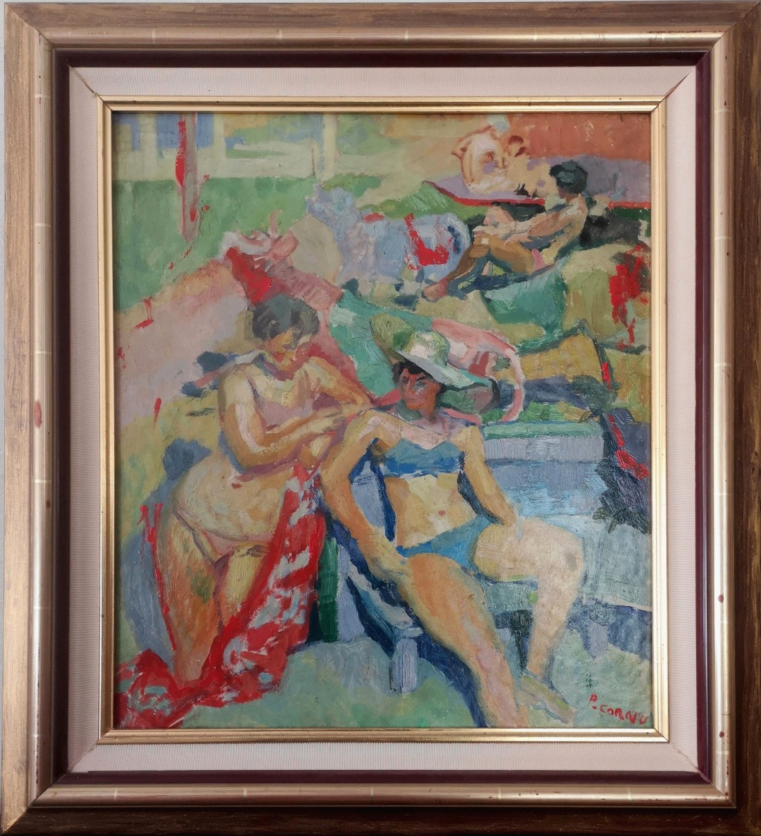 Pierre Cornu - Fauvism - Sunbathing At Sables-d'or - Oil On Cardboard ~ 1955 
