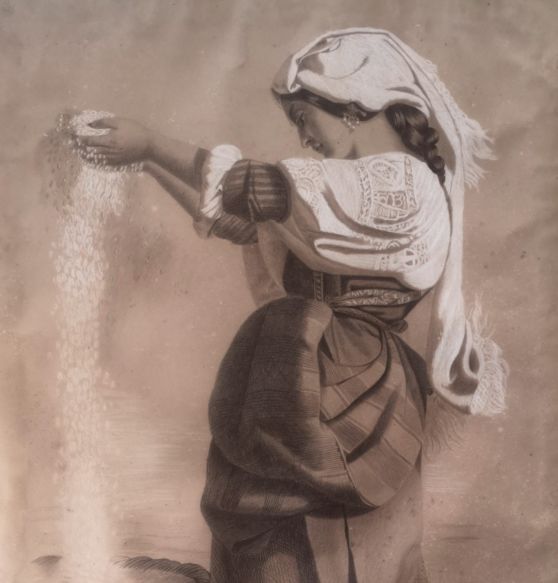 The Winnowing Machine - Large 19th-century Drawing - Chalk And Charcoal - Realist School-photo-7