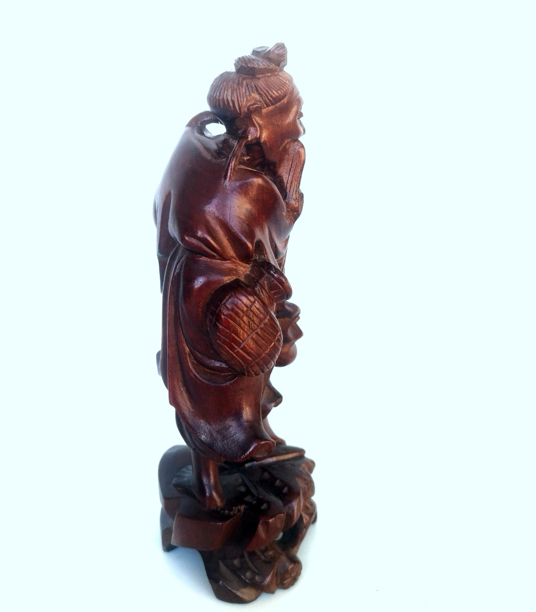 Okimono japonais ancien – Sculpture buis au pêcheur, dents ivoire – Edo / Meiji XIXe-photo-2