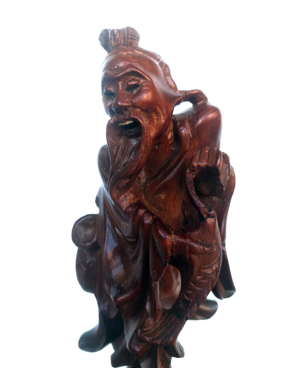 Okimono japonais ancien – Sculpture buis au pêcheur, dents ivoire – Edo / Meiji XIXe-photo-4