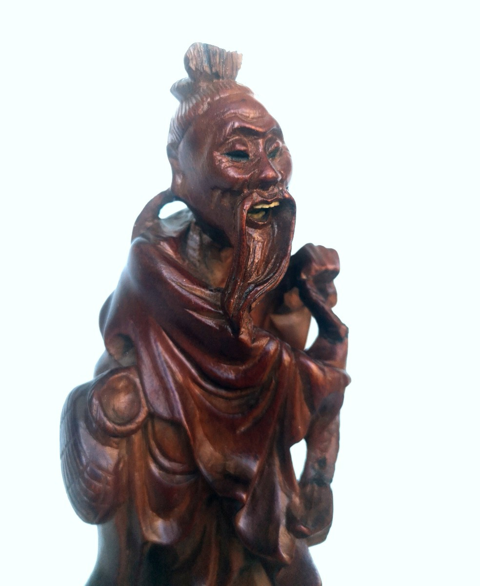 Okimono japonais ancien – Sculpture buis au pêcheur, dents ivoire – Edo / Meiji XIXe-photo-6