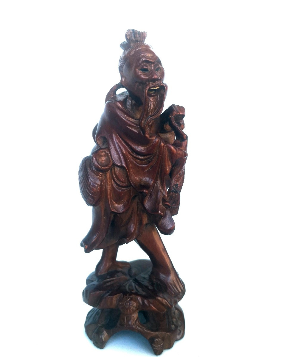 Okimono japonais ancien – Sculpture buis au pêcheur, dents ivoire – Edo / Meiji XIXe-photo-7