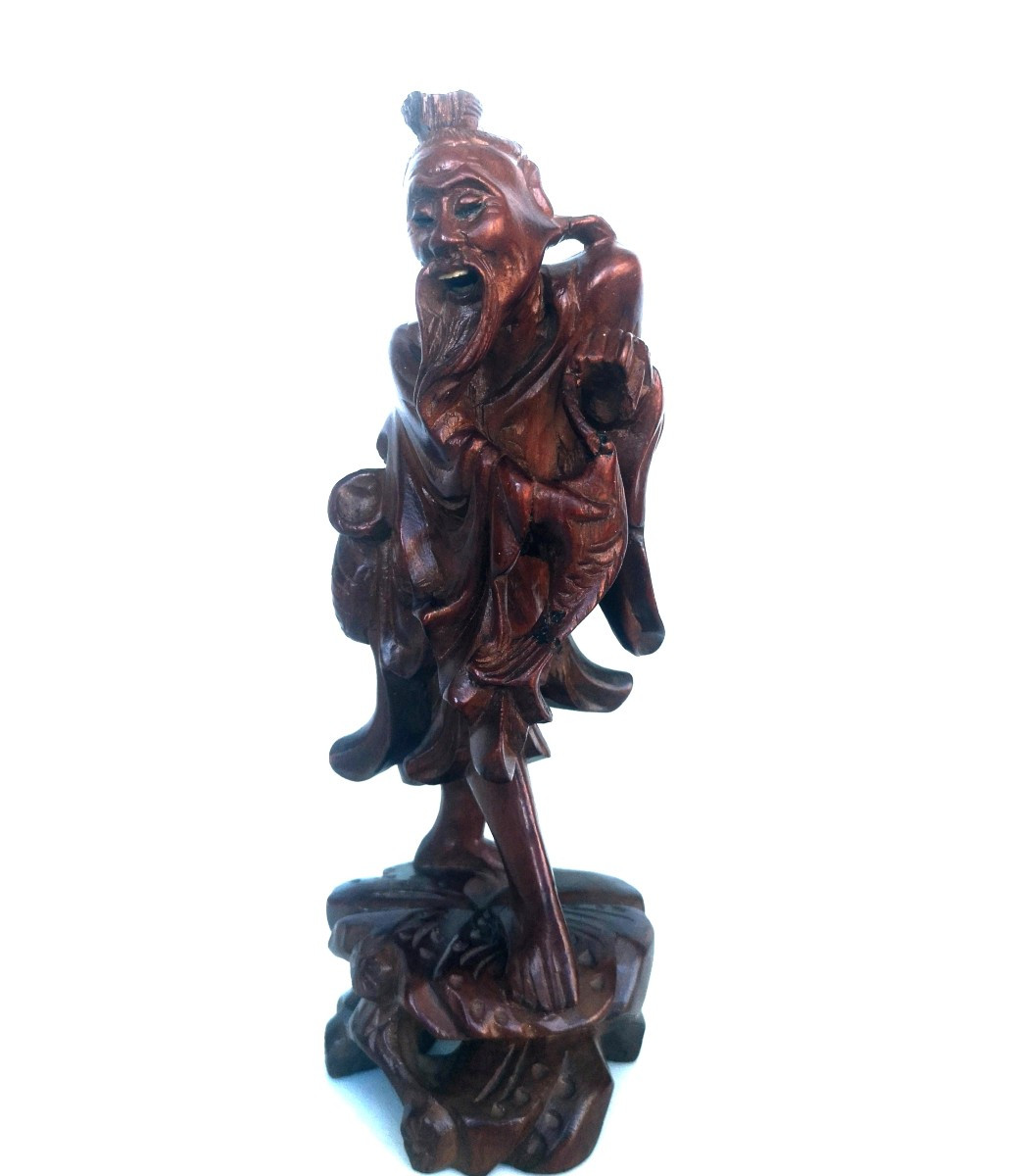 Okimono japonais ancien – Sculpture buis au pêcheur, dents ivoire – Edo / Meiji XIXe