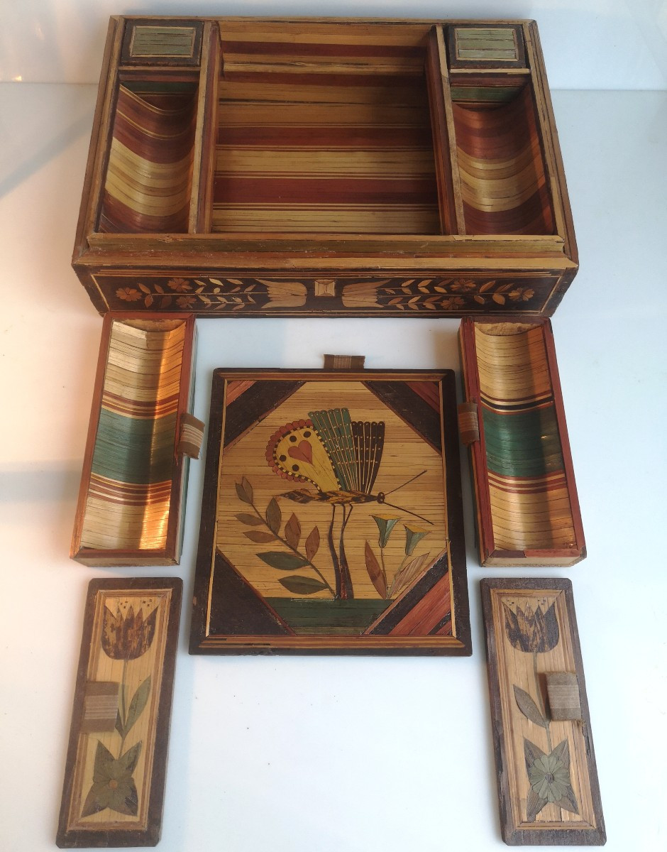 Straw Marquetry Sewing Box, Maritime Scene, 18th Century, Decoration On All Sides, Without Lid-photo-2