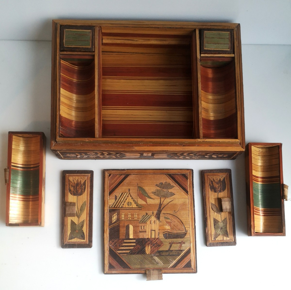 Straw Marquetry Sewing Box, Maritime Scene, 18th Century, Decoration On All Sides, Without Lid-photo-3