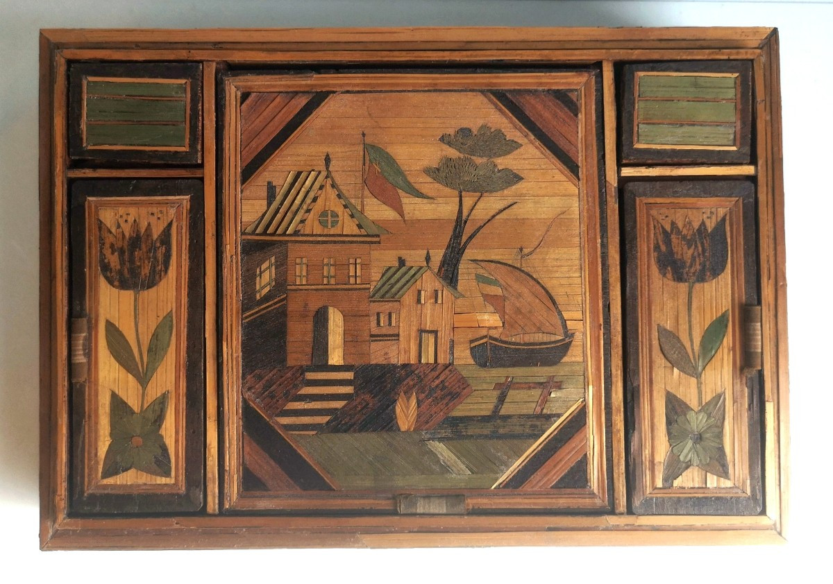 Straw Marquetry Sewing Box, Maritime Scene, 18th Century, Decoration On All Sides, Without Lid-photo-1