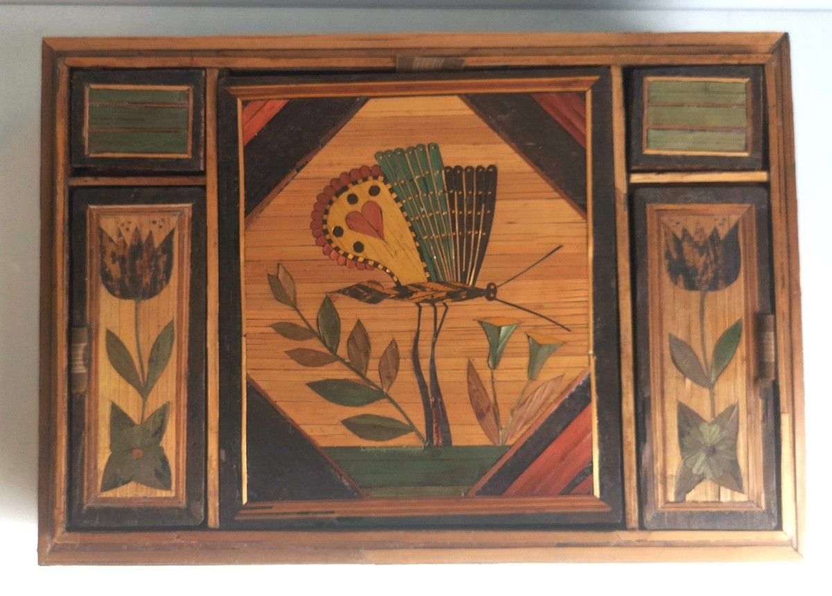 Straw Marquetry Sewing Box, Maritime Scene, 18th Century, Decoration On All Sides, Without Lid-photo-2