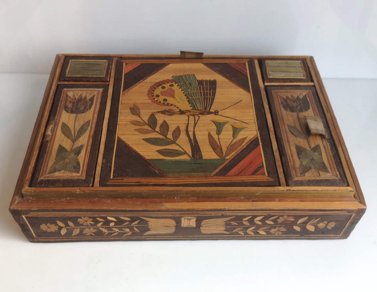 Straw Marquetry Sewing Box, Maritime Scene, 18th Century, Decoration On All Sides, Without Lid-photo-4