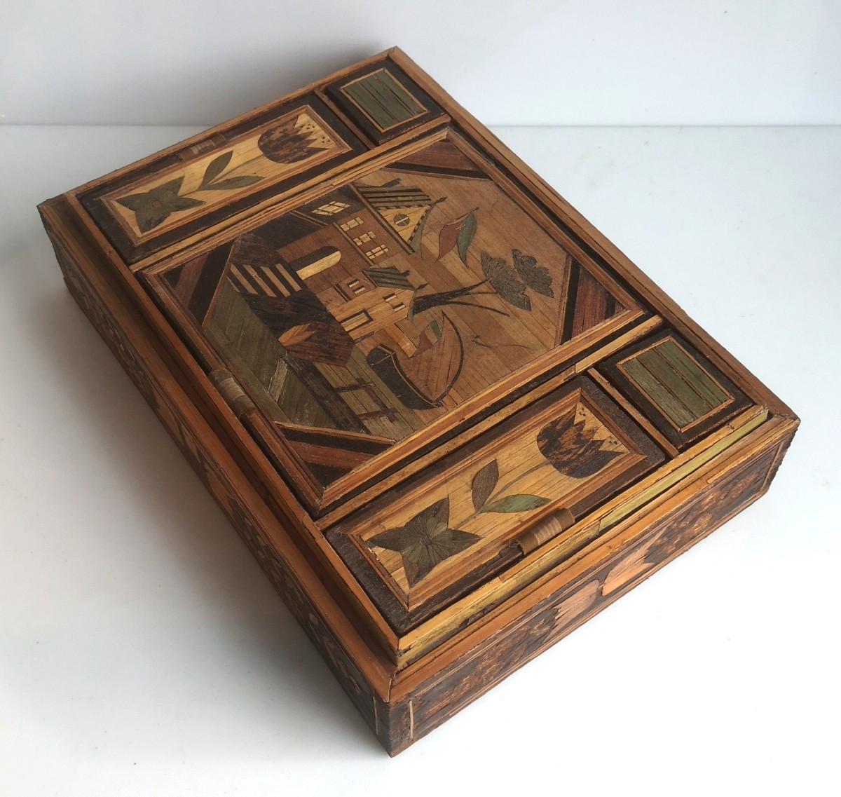 Straw Marquetry Sewing Box, Maritime Scene, 18th Century, Decoration On All Sides, Without Lid-photo-5